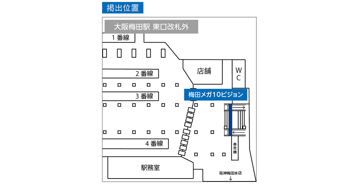 東広場や大阪駅前地下道に隣接する「梅田メガ10ビジョン」